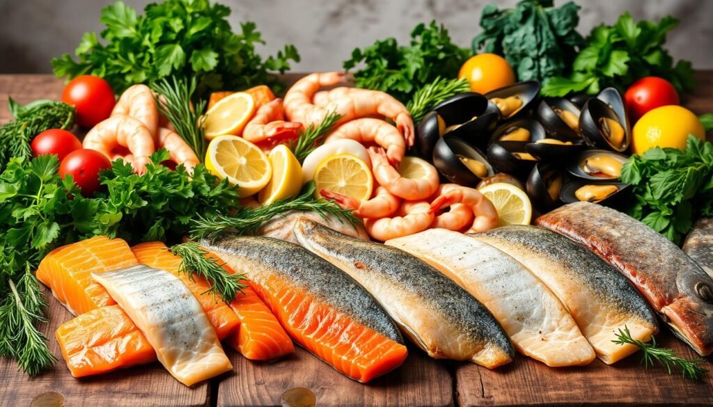 A bountiful seafood display on a rustic wooden table, surrounded by an array of fresh herbs and vibrant vegetables. In the foreground, delicate fillets of salmon, trout, and cod are artfully arranged, their glistening surfaces contrasted by the earthy tones of roasted beets, sautéed spinach, and fragrant sprigs of thyme, rosemary, and dill. The middle ground features a variety of shellfish, including succulent shrimp, plump scallops, and juicy mussels, complemented by sliced lemon wedges and a drizzle of olive oil. The background is softly lit, casting a warm, inviting glow over the scene, creating a harmonious and mouthwatering composition that celebrates the vibrant flavors of the sea and the garden. A bountiful seafood display on a rustic wooden table, surrounded by an array of fresh herbs and vibrant vegetables. In the foreground, delicate fillets of salmon, trout, and cod are artfully arranged, their glistening surfaces contrasted by the earthy tones of roasted beets, sautéed spinach, and fragrant sprigs of thyme, rosemary, and dill. The middle ground features a variety of shellfish, including succulent shrimp, plump scallops, and juicy mussels, complemented by sliced lemon wedges and a drizzle of olive oil. The background is softly lit, casting a warm, inviting glow over the scene, creating a harmonious and mouthwatering composition that celebrates the vibrant flavors of the sea and the garden.