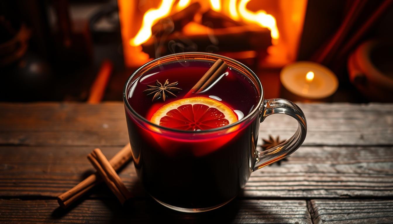 A cozy, dimly-lit scene of a mug of steaming mulled wine, its deep ruby hue glowing invitingly. Cinnamon sticks, star anise, and citrus slices float amidst the aromatic liquid, casting warm reflections on the weathered wooden table. In the background, a fireplace crackles, casting a gentle glow that illuminates the scene. The atmosphere is one of comfort and contentment, perfect for savoring the rich, spiced flavors of this classic winter drink.