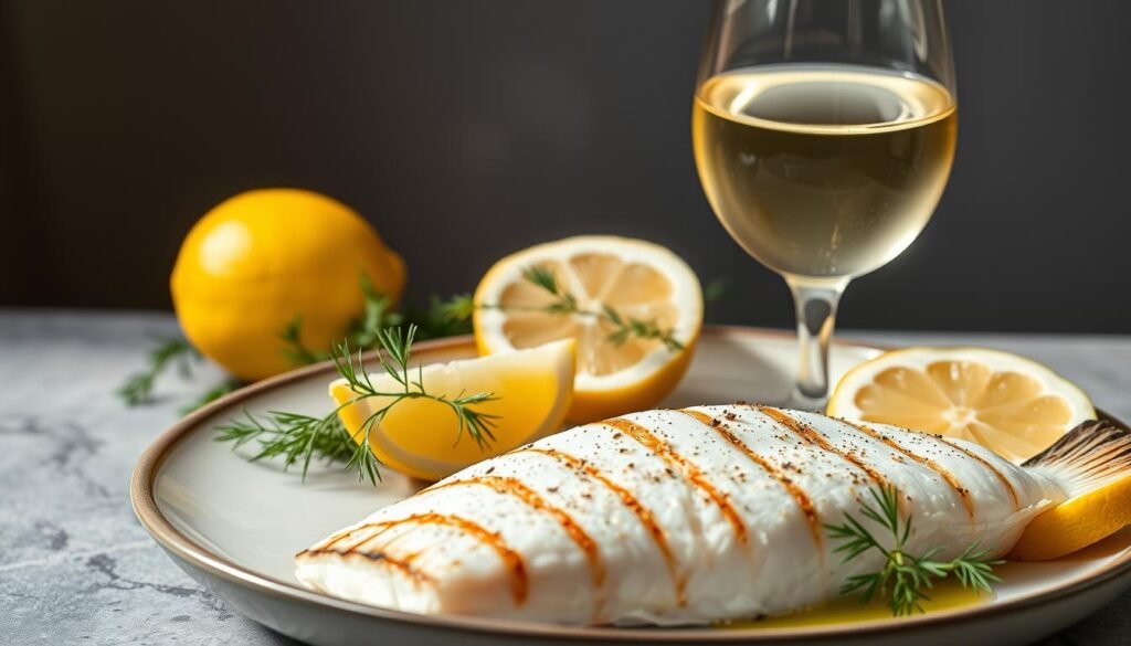 A delicate pairing of white wine and freshly grilled white fish, arranged in a elegant still life. The wine glass is filled with a crisp, pale chardonnay, reflecting the soft natural lighting. The fish, perhaps a flaky halibut or sea bass, is placed alongside lemon wedges, sprigs of dill, and a subtle drizzle of olive oil. The composition is balanced and visually appealing, evoking the perfect marriage of flavors. The image conveys a sense of refinement, with a muted color palette and a focus on the simplicity of the ingredients. The overall mood is one of sophistication and culinary delight.