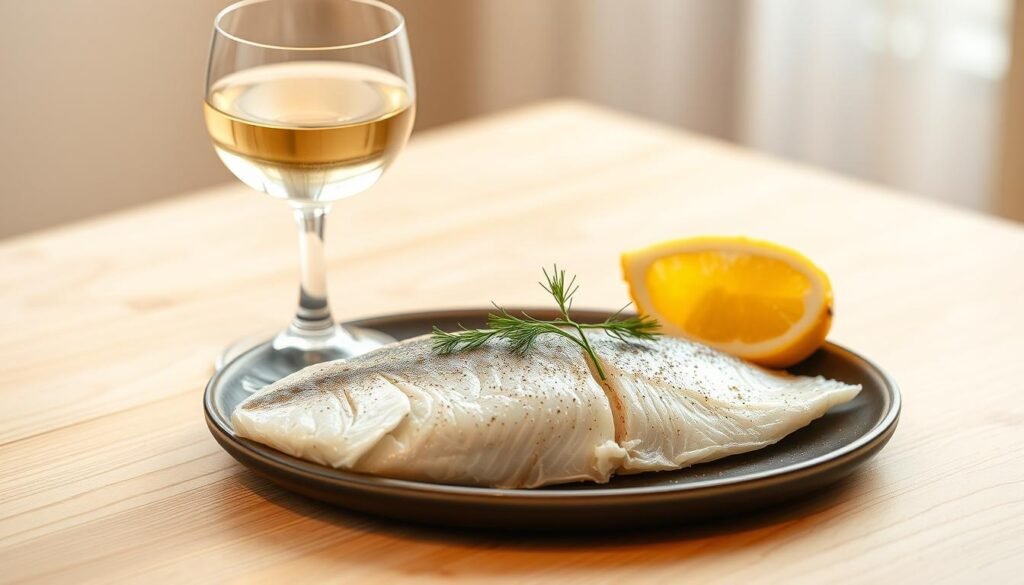 A high-quality, still-life image of a table setting featuring a delicate white wine glass filled with a crisp, pale-colored white wine, paired with a fresh, flaky white fish fillet, garnished with a lemon wedge and a sprig of dill. The table surface is made of light-colored wood, and the background is softly blurred, creating a warm, inviting atmosphere. The lighting is natural and diffused, highlighting the textures and colors of the food and tableware. The overall composition is balanced, with the wine and fish as the focal points, creating a harmonious and appetizing representation of an ideal white wine and fish pairing.