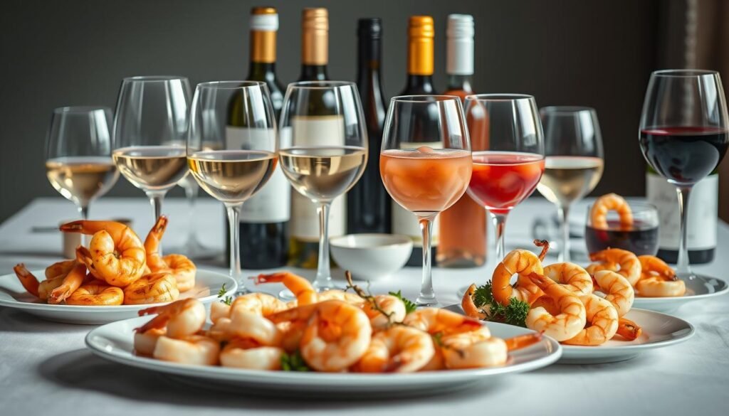 A meticulously arranged still life showcasing a selection of wine glasses and bottles, artfully paired with a variety of shrimp dishes. The foreground features a delicate arrangement of sautéed shrimp, grilled shrimp skewers, and shrimp cocktail, each accompanied by a complementary wine varietal. The middle ground displays an assortment of elegant wine glasses, some filled with white wine, others with red, all positioned to highlight the pairing. The background is softly blurred, drawing the viewer's focus to the harmonious interaction between the food and the wine. Subtle natural lighting casts a warm, inviting glow over the scene, evoking a sense of culinary sophistication and refined taste.