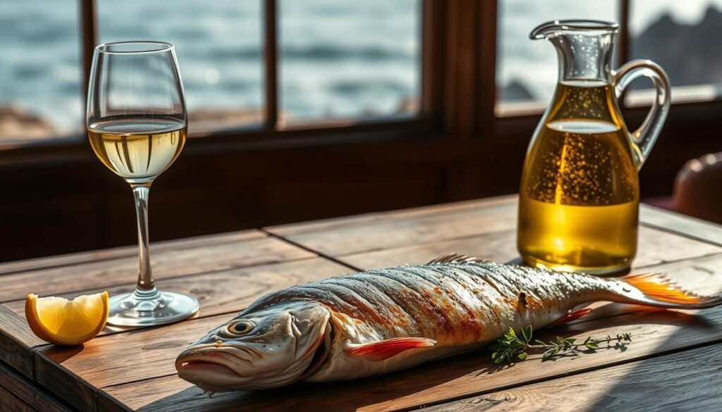A pair of delicate white wine glasses sit atop a rustic wooden table, glistening with condensation. In the foreground, a grilled whole sea bass, its crispy skin glistening, is accompanied by a fresh lemon wedge and sprigs of aromatic herbs. The middle ground features a carafe of vibrant, amber-hued white wine, casting a warm glow over the scene. In the background, a serene coastal landscape is visible through a large window, with the gentle ebb and flow of the waves providing a tranquil backdrop. The lighting is soft and natural, highlighting the textures and colors of the scene. This evocative pairing captures the essence of coastal dining and the harmonious marriage of wine and grilled fish.