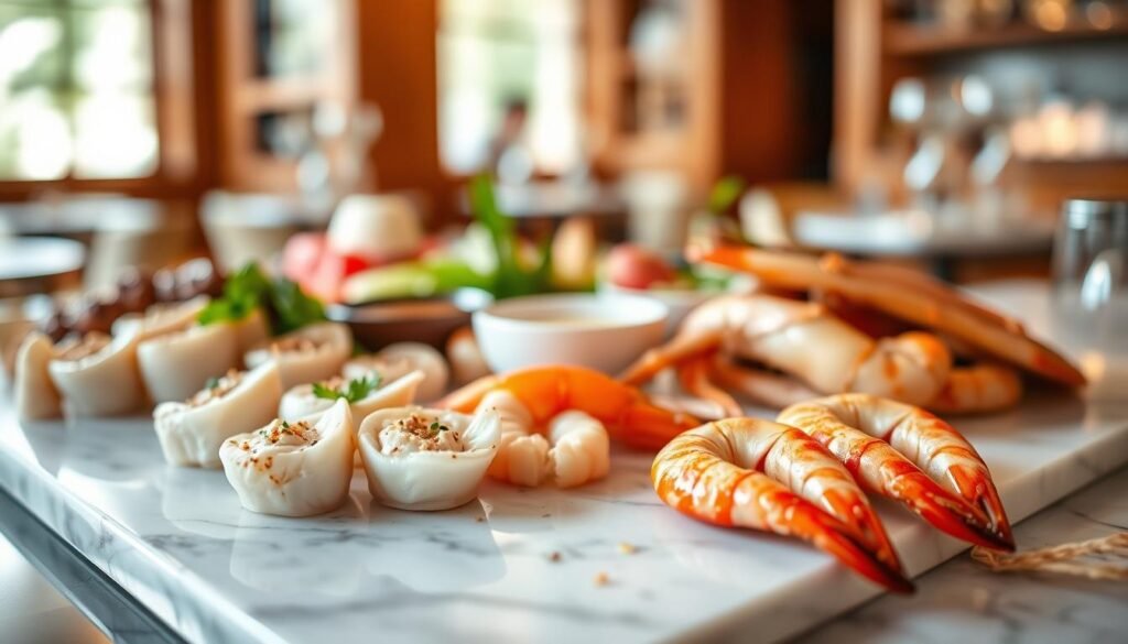 A serene seafood pairing scene, captured with a crisp, high-resolution lens. In the foreground, a selection of fresh, glistening seafood - juicy scallops, plump shrimp, and delicate crab claws - artfully arranged on a white marble surface. In the middle ground, various complementary garnishes and sauces come into focus, hinting at the perfect flavor combinations. The background softly fades into a warm, inviting atmosphere, with hints of wooden textures and natural light filtering in, creating a sense of sophistication and culinary expertise. The overall composition exudes a harmonious balance, inviting the viewer to imagine the sensory delights of expertly paired seafood delicacies. A serene seafood pairing scene, captured with a crisp, high-resolution lens. In the foreground, a selection of fresh, glistening seafood - juicy scallops, plump shrimp, and delicate crab claws - artfully arranged on a white marble surface. In the middle ground, various complementary garnishes and sauces come into focus, hinting at the perfect flavor combinations. The background softly fades into a warm, inviting atmosphere, with hints of wooden textures and natural light filtering in, creating a sense of sophistication and culinary expertise. The overall composition exudes a harmonious balance, inviting the viewer to imagine the sensory delights of expertly paired seafood delicacies.