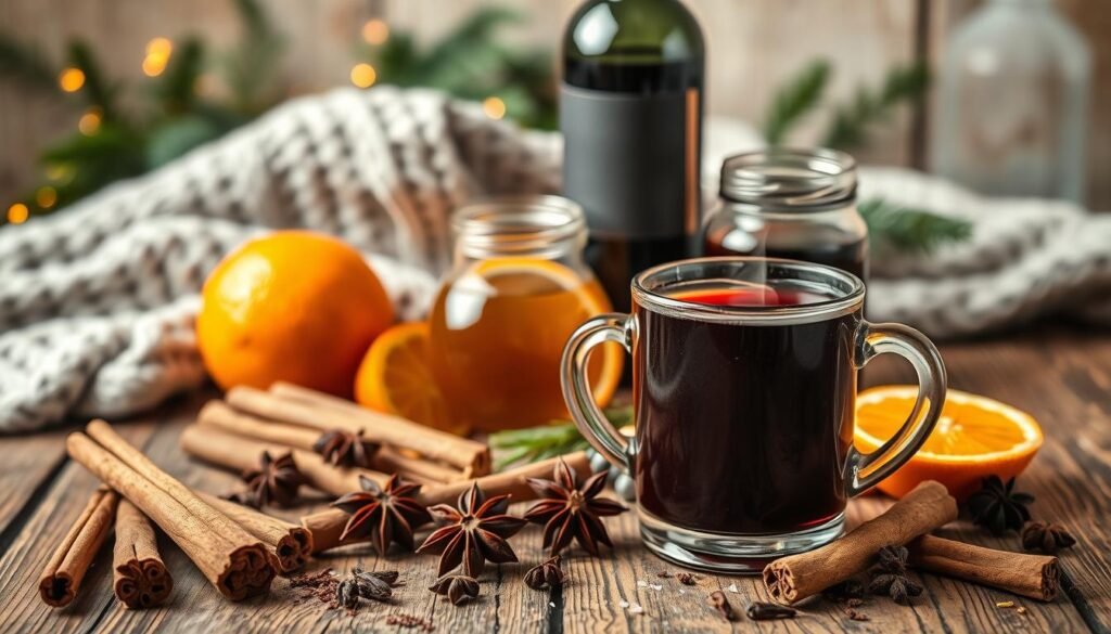A still life arrangement of mulled wine ingredients on a rustic wooden table, illuminated by warm, soft lighting. In the foreground, a steaming mug of mulled wine, surrounded by whole cinnamon sticks, star anise, cloves, and orange slices. In the middle ground, a bottle of red wine and a jar of honey. In the background, a cozy atmosphere with a knit throw and holiday greenery. The scene evokes the cozy, comforting flavors and aroma of a classic mulled wine blend, perfect for a chilly winter's day.