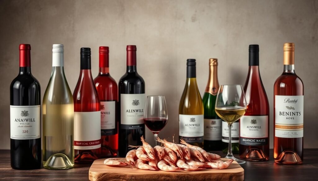A sumptuous still life arrangement capturing alternative wine choices for shrimp. In the foreground, an array of wine bottles in diverse hues - bold reds, crisp whites, and vibrant rosés. The bottles are artfully positioned, casting subtle shadows and reflecting the warm, soft lighting. In the middle ground, a selection of shrimp displayed on a wooden board, their delicate pink forms complementing the wine colors. The background features a muted, textured wall, adding depth and a sense of sophisticated ambiance. The overall composition evokes a sense of culinary exploration, inviting the viewer to discover the dynamic interplay between shrimp and these alternative wine pairings.