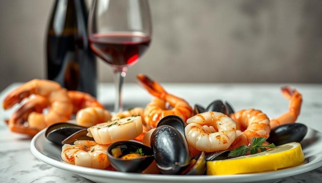 A sumptuous still life captured with a crisp, high-resolution lens, showcasing an elegant pairing of fresh, succulent seafood and a refined, full-bodied wine. In the foreground, a plate of expertly grilled or seared scallops, mussels, and shrimp, their delicate flavors accentuated by a drizzle of lemon and herbs. In the middle ground, a crystal wine glass filled with a deep, ruby-hued vintage, its subtle notes of oak and berries complementing the briny, oceanic tones of the seafood. The background features a softly blurred, minimalist setting, allowing the primary subjects to take center stage in a warm, inviting, and sophisticated composition that evokes the essence of the perfect seafood and wine pairing. A sumptuous still life captured with a crisp, high-resolution lens, showcasing an elegant pairing of fresh, succulent seafood and a refined, full-bodied wine. In the foreground, a plate of expertly grilled or seared scallops, mussels, and shrimp, their delicate flavors accentuated by a drizzle of lemon and herbs. In the middle ground, a crystal wine glass filled with a deep, ruby-hued vintage, its subtle notes of oak and berries complementing the briny, oceanic tones of the seafood. The background features a softly blurred, minimalist setting, allowing the primary subjects to take center stage in a warm, inviting, and sophisticated composition that evokes the essence of the perfect seafood and wine pairing.
