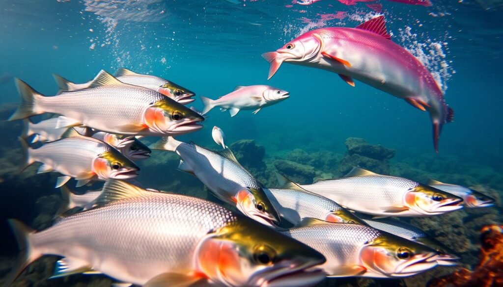 A vibrant underwater scene showcasing various fish categories suitable for white wine pairing. In the foreground, a school of silvery-scaled river trout, their fins gracefully moving through the clear water. In the middle ground, a pair of succulent halibut, their firm white flesh glistening. In the background, a majestic salmon leaps from the water, its pink-orange hues catching the soft, natural lighting. The scene is captured with a wide-angle lens, conveying a sense of depth and tranquility, as if the viewer is submerged in the aquatic environment. The overall mood is one of culinary exploration, inviting the viewer to discover the diverse array of fish that pair harmoniously with the crisp, refreshing notes of white wine.