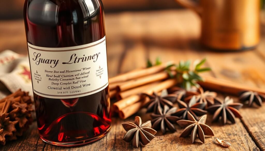 A well-aged, full-bodied red wine with deep, complex flavors sits prominently in the foreground. Warm lighting casts a cozy glow, reflecting off the wine's rich crimson hue. In the middle ground, fresh cinnamon sticks, whole cloves, and star anise are arranged artfully, hinting at the spices that will infuse the simmering mulled wine. The background depicts a rustic, wooden table, evoking the inviting atmosphere of a traditional European Christmas market. The overall mood is one of comfort, indulgence, and the promise of a delightful, aromatic mulled wine experience.