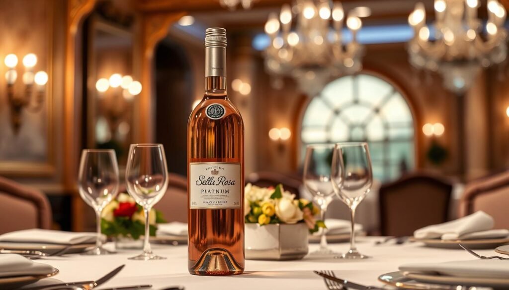 Generate an image of Stella Rosa Platinum wine bottle with a luxurious dinner setting