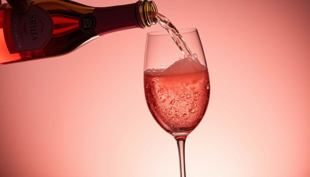 Generate an image of Stella Rosa Prosecco Rose being poured into a glass, showcasing its vibrant pink color.