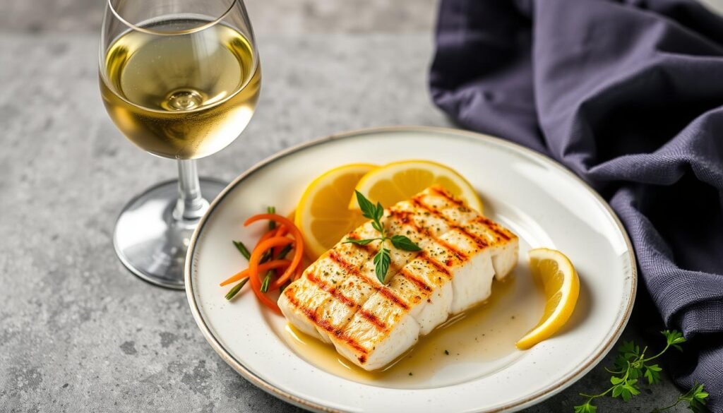 Generate an image of a Pinot Grigio glass next to a plate of grilled cod with herbs.