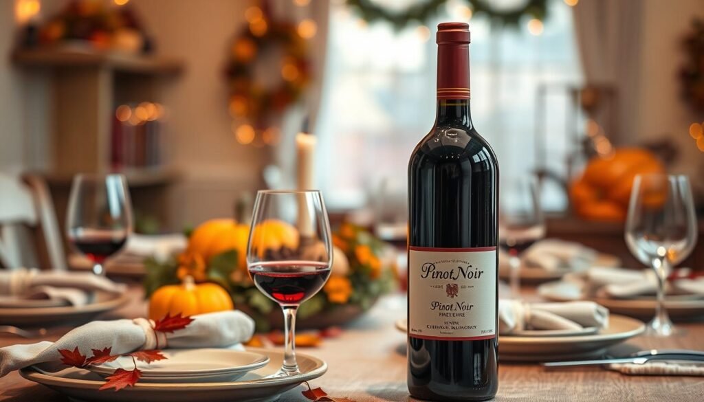 Generate an image of a Pinot Noir wine bottle with a Thanksgiving dinner setting