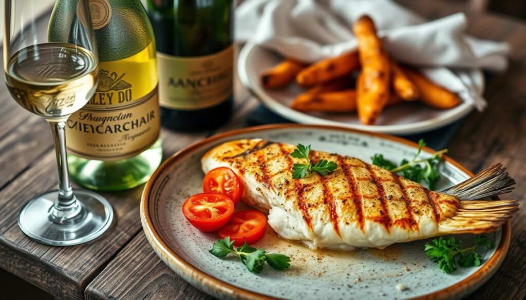 Generate an image of a Prosecco bottle next to a grilled fish dish.