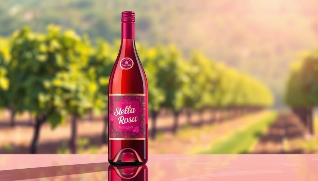 Generate an image of a Stella Rosa wine bottle with a bright and vibrant label.