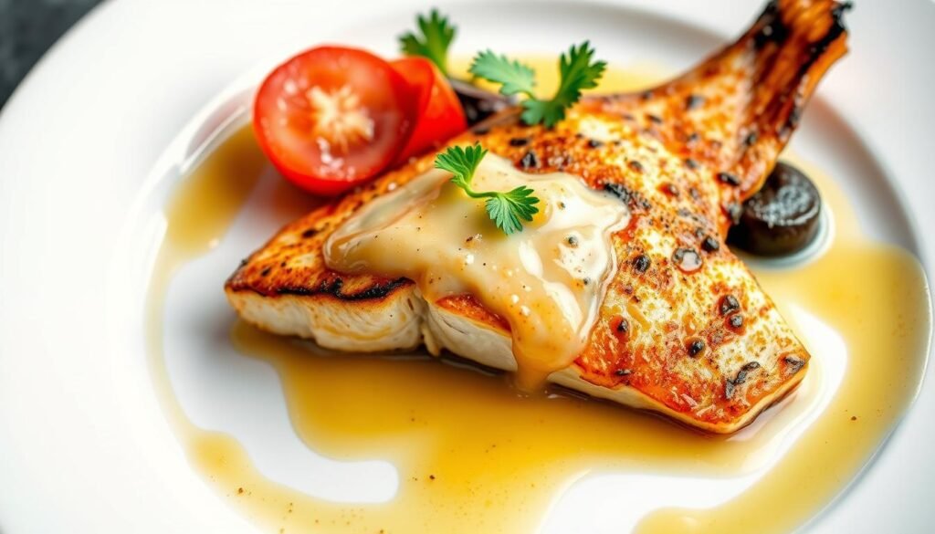 Generate an image of a beautifully presented pan-fried fish dish topped with a glossy white wine sauce.