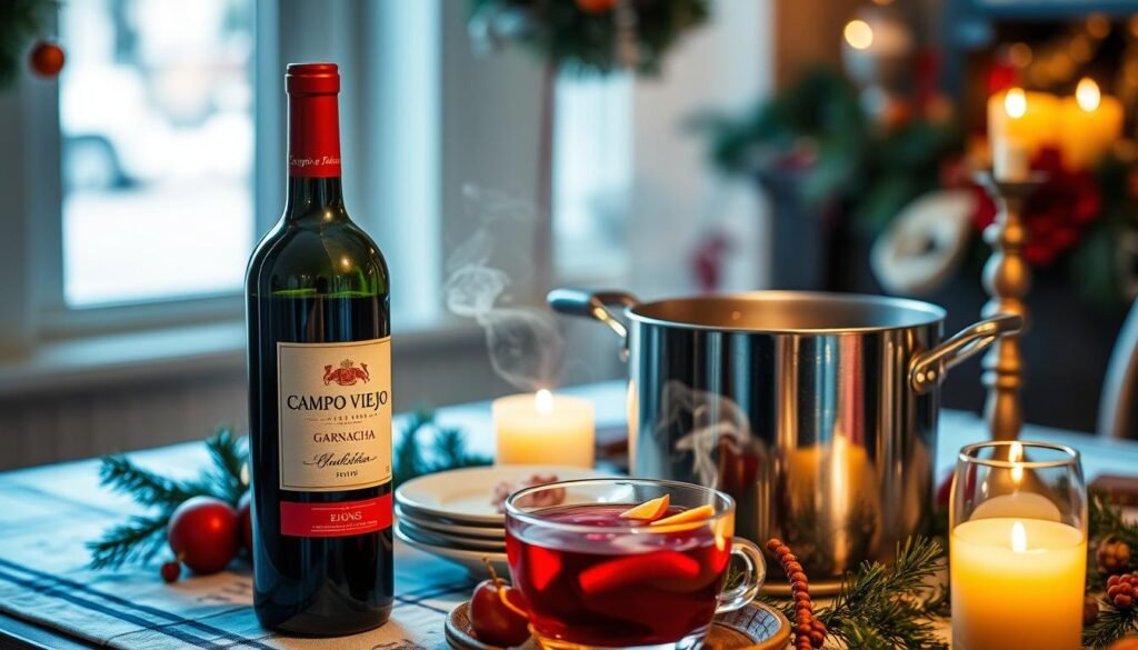 Generate an image of a bottle of Campo Viejo Garnacha wine next to a pot of mulled wine on a festive holiday table.