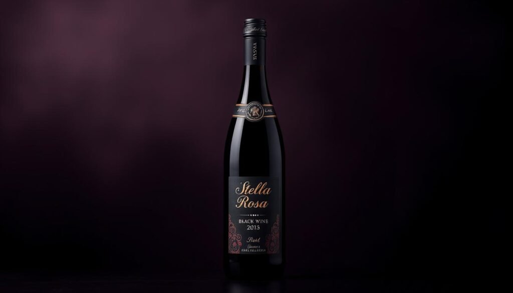 Generate an image of a bottle of Stella Rosa Black Wine against a dark background, highlighting its sleek packaging.