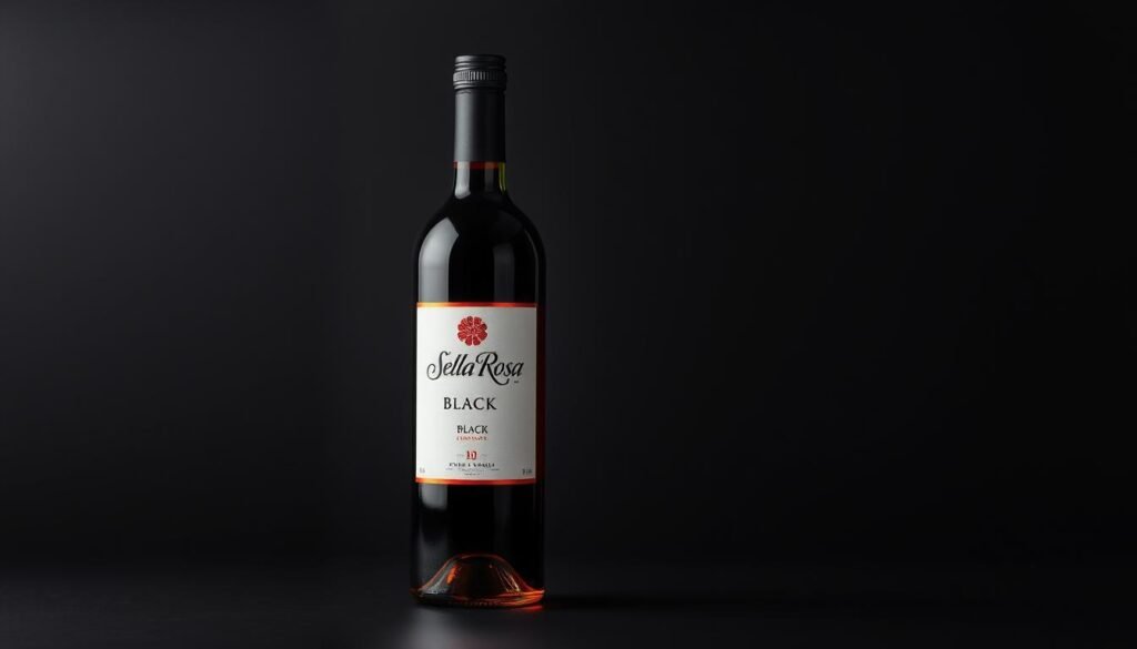 Generate an image of a bottle of Stella Rosa Black wine with a dark, sleek background.