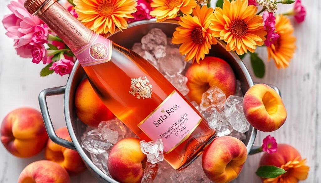 Generate an image of a bottle of Stella Rosa Moscato d'Asti in an ice bucket, surrounded by peaches and flowers.