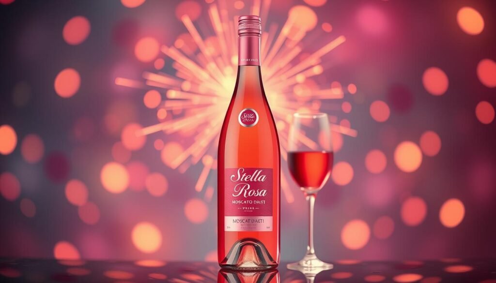 Generate an image of a bottle of Stella Rosa Moscato d'Asti wine with a bright, celebratory background.