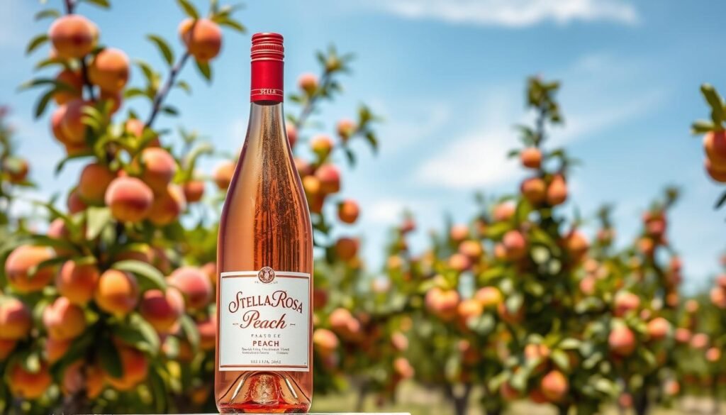 Generate an image of a bottle of Stella Rosa Peach wine with a peach orchard in the background.