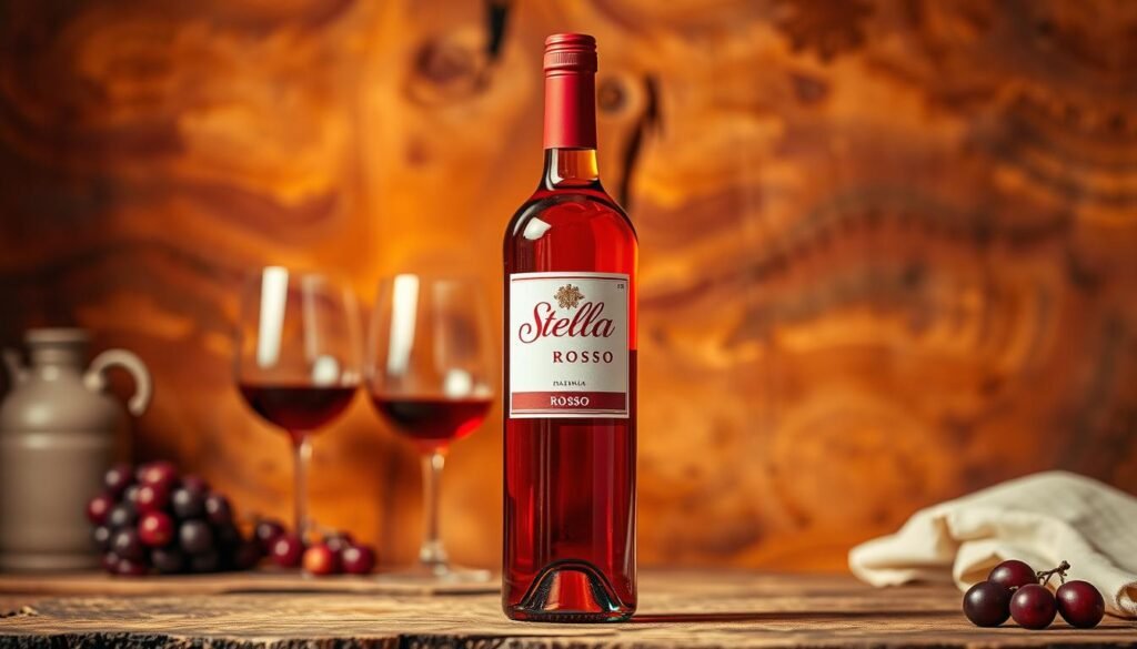 Generate an image of a bottle of Stella Rosa Rosso wine against a warm, rustic background.