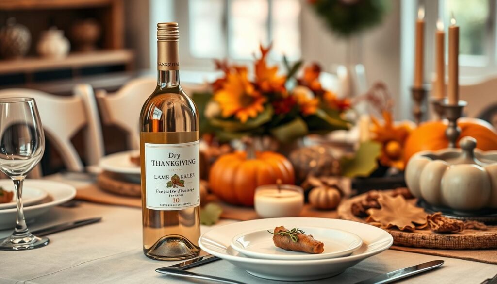 Generate an image of a bottle of dry Riesling wine next to a Thanksgiving dinner table setting.