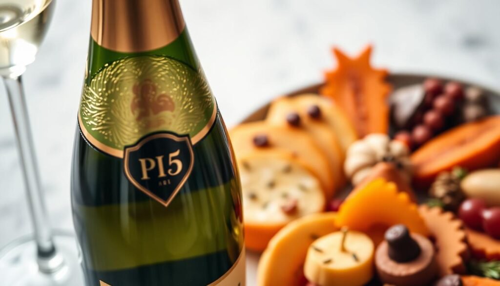 Generate an image of a chilled Prosecco bottle next to a Thanksgiving appetizer platter.