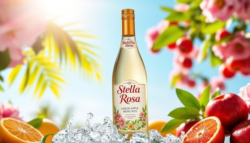 Generate an image of a chilled bottle of Stella Rosa Green Apple Moscato on a refreshing summer background.