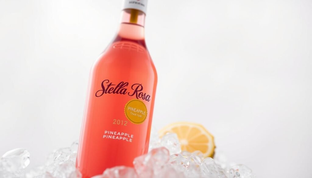 Generate an image of a chilled bottle of Stella Rosa Pineapple wine