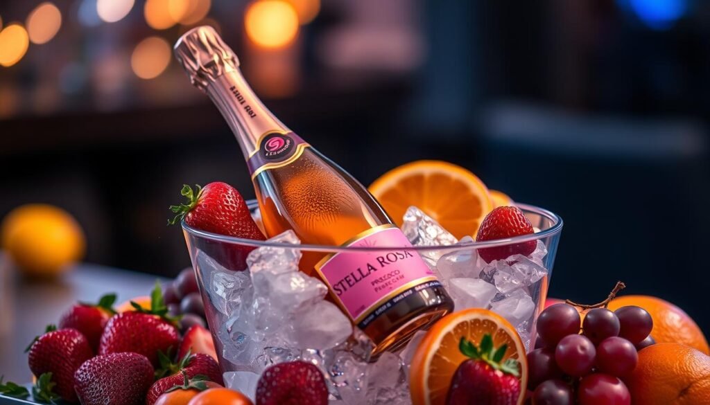 Generate an image of a chilled bottle of Stella Rosa Prosecco in an ice bucket, surrounded by fresh fruit.