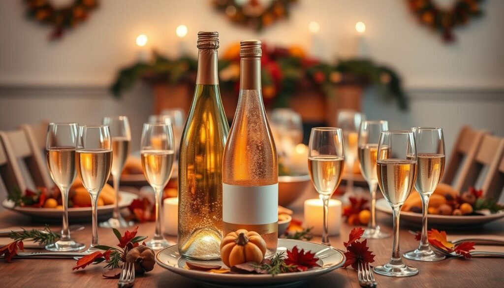 Generate an image of a chilled bottle of sparkling wine with glasses around a Thanksgiving dinner table.