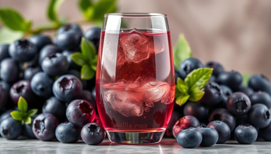 Generate an image of a chilled glass of Stella Rosa Blueberry wine with fresh blueberries in the background.