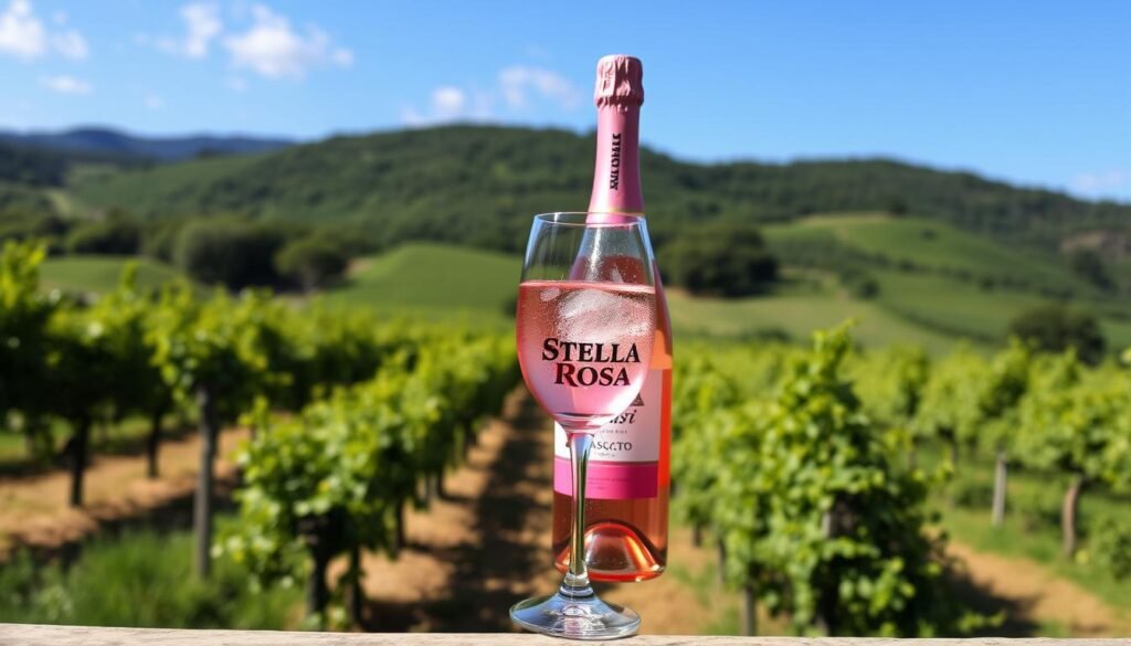 Generate an image of a chilled glass of Stella Rosa Moscato d'Asti with a backdrop of Italian vineyards.
