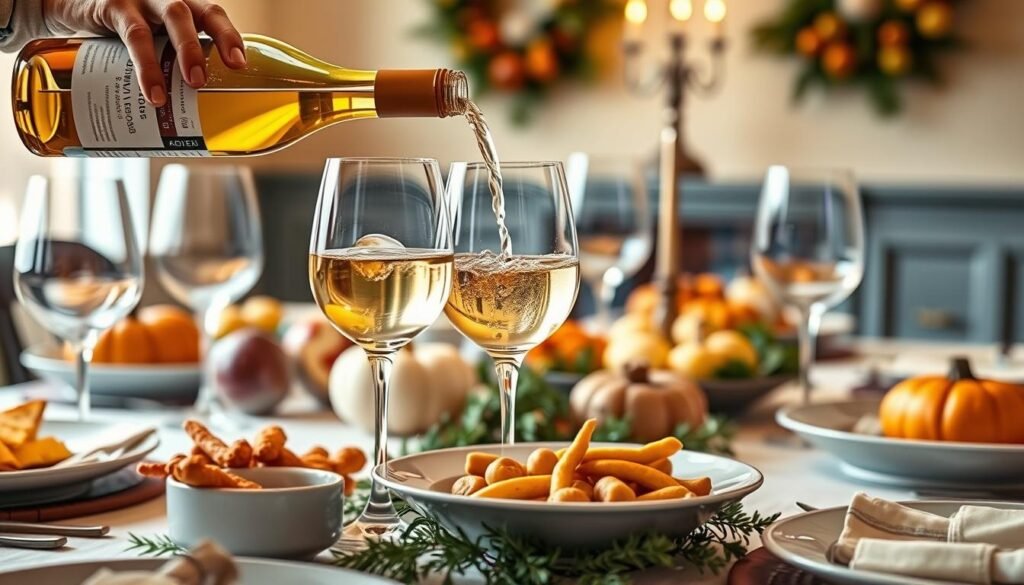 Generate an image of a crisp white wine being poured at a Thanksgiving dinner table.
