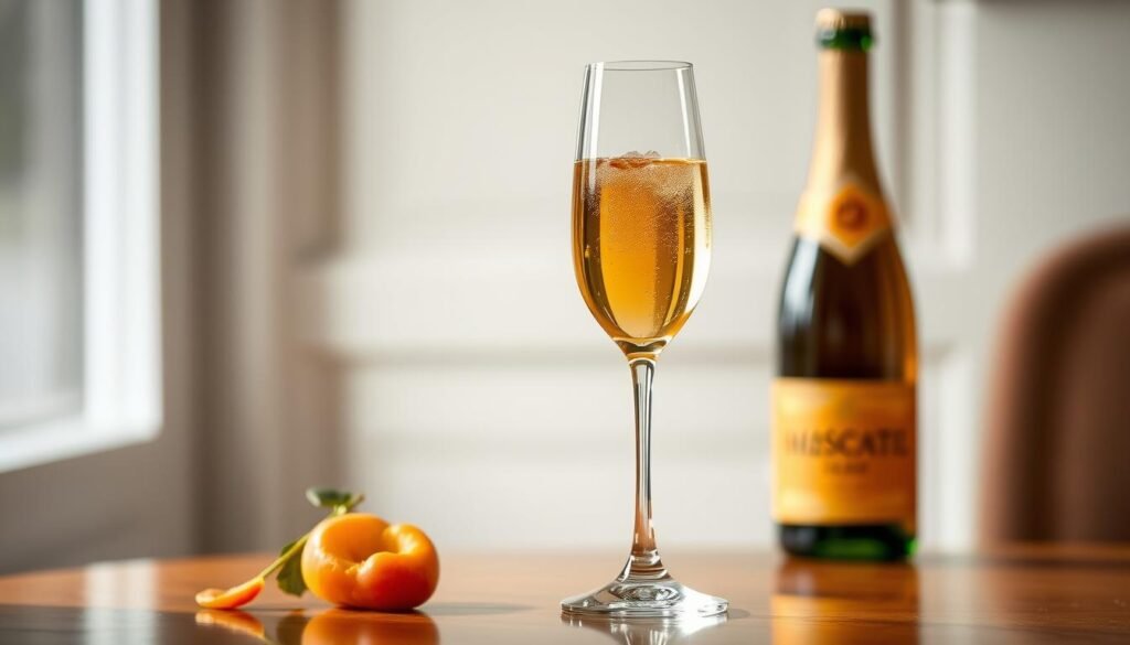 Generate an image of a delicate and aromatic Moscato d'Asti with flavors of peach, apricot, and honey.