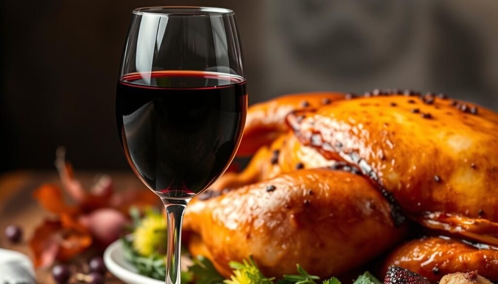 Generate an image of a glass of Pinot Noir next to a roasted turkey.