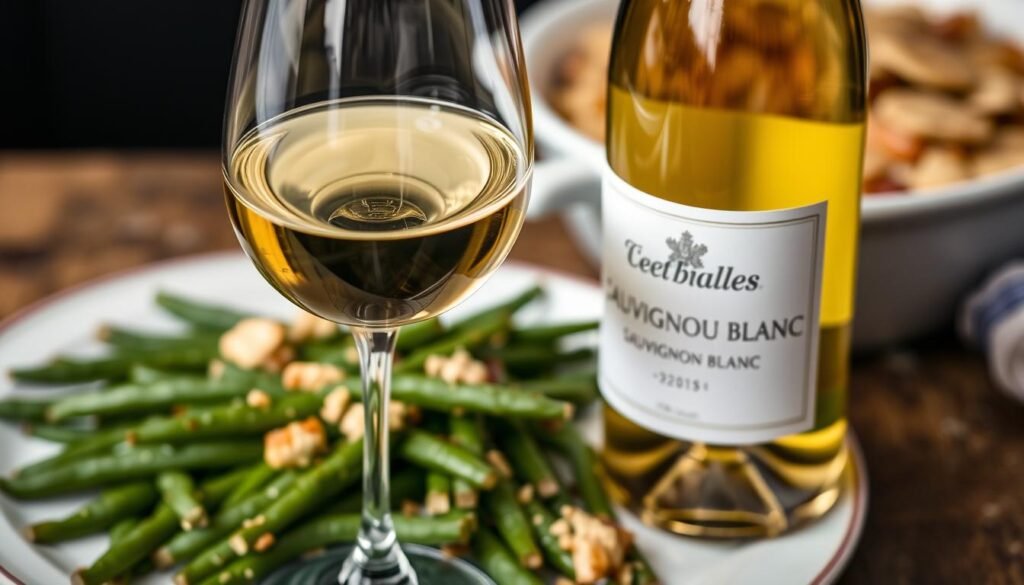 Generate an image of a glass of Sauvignon Blanc next to a dish of green bean casserole.