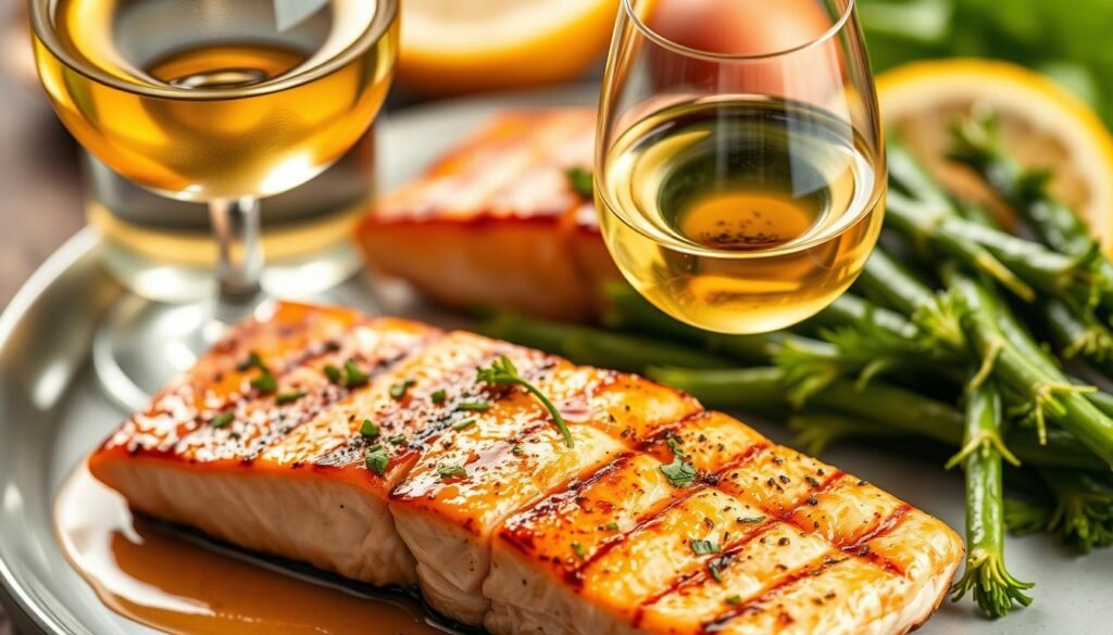 Generate an image of a glass of Sauvignon Blanc next to a grilled salmon fillet.