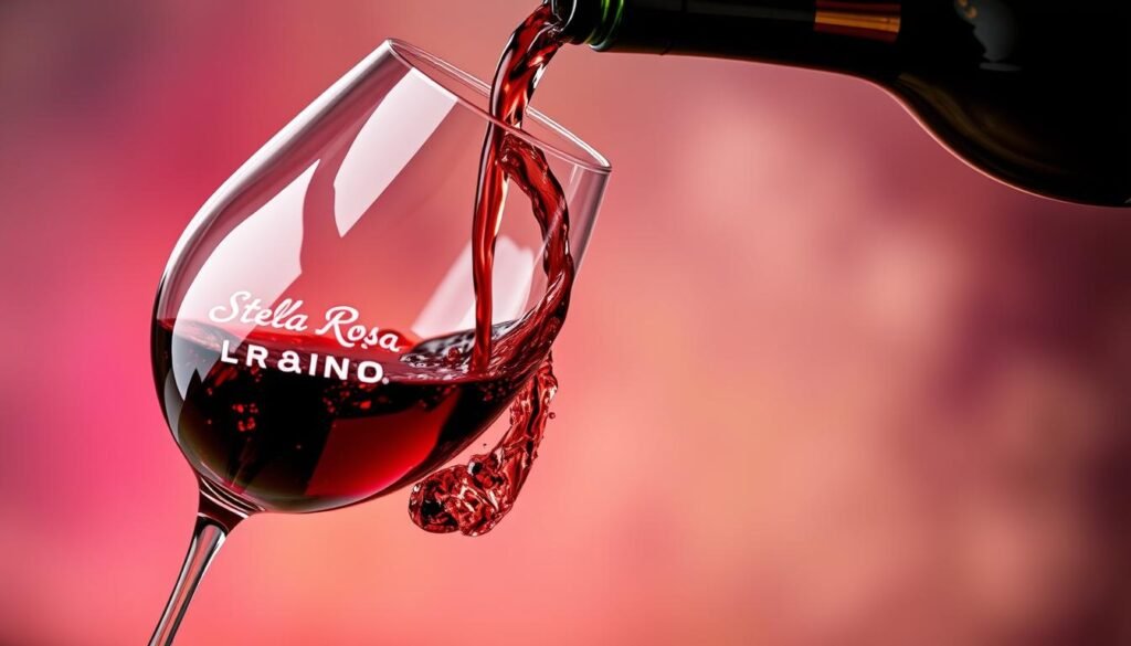 Generate an image of a glass of Stella Rosa Black wine being poured into a wine glass.