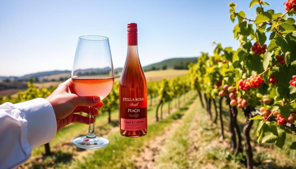 Generate an image of a glass of Stella Rosa Peach wine being enjoyed at a vineyard