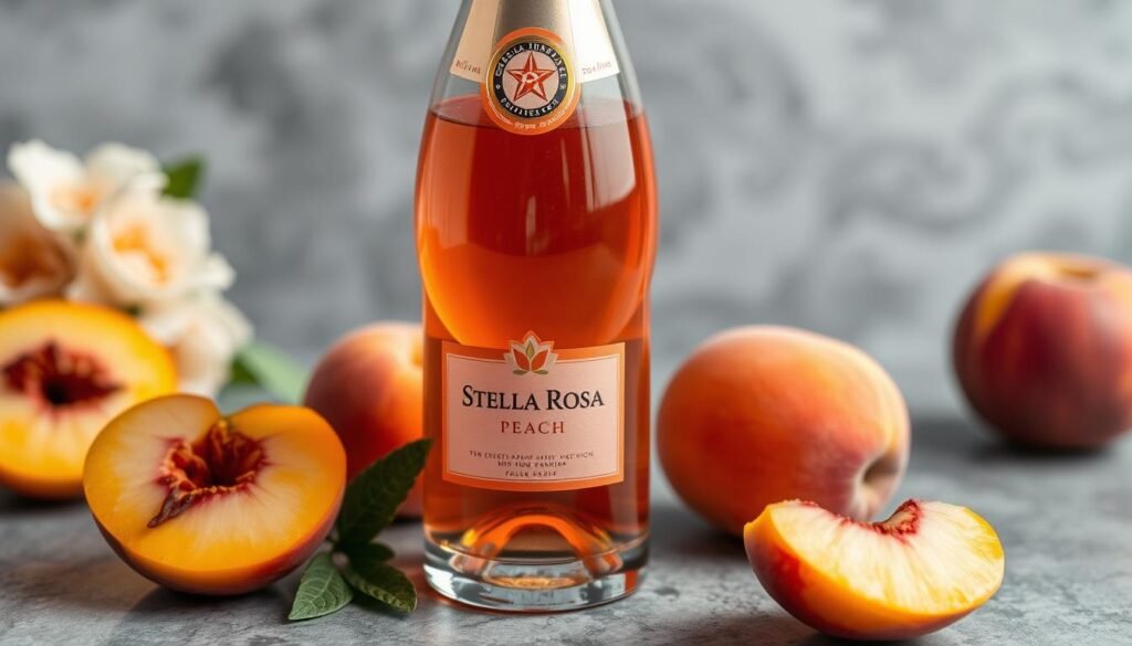 Generate an image of a glass of Stella Rosa Peach wine with sliced peaches nearby.