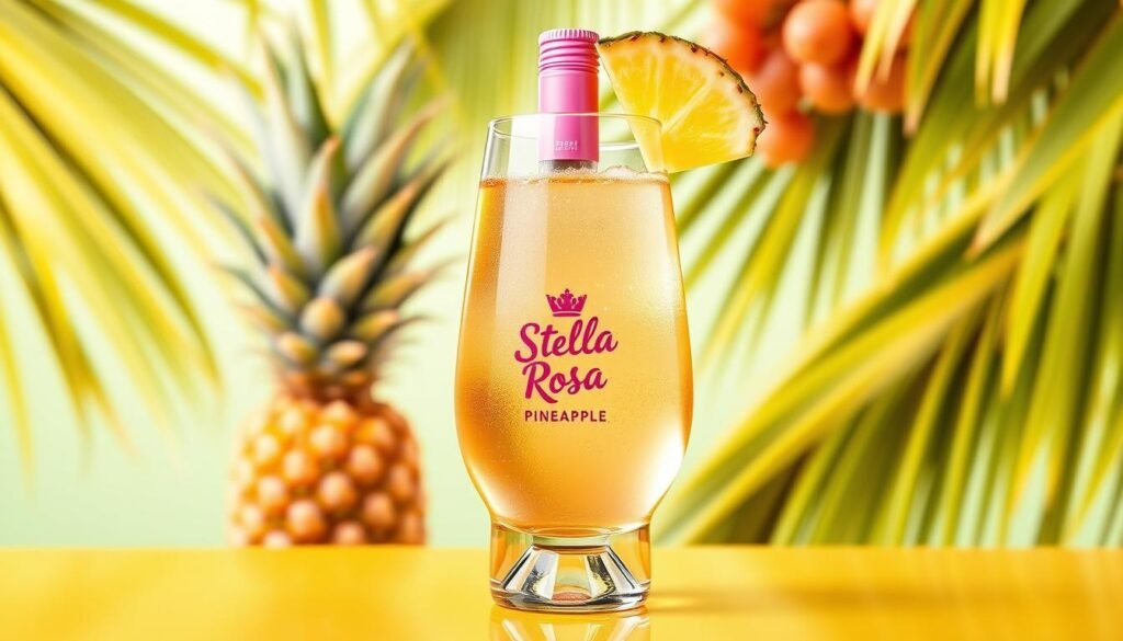 Generate an image of a glass of Stella Rosa Pineapple wine with pineapple wedges on the rim.