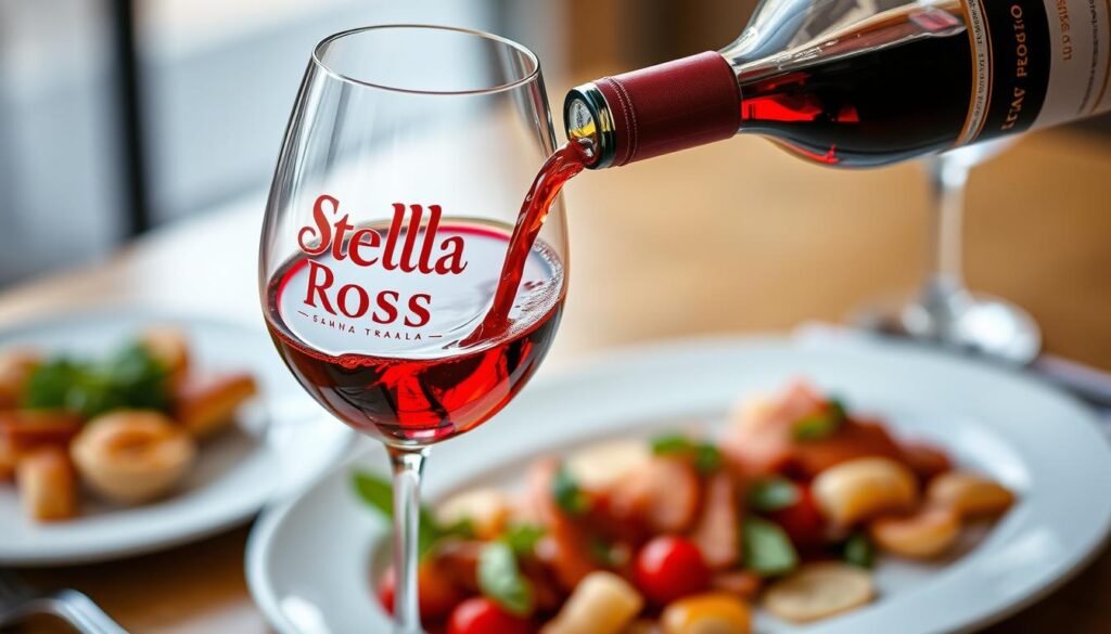 Generate an image of a glass of Stella Rosa Rosso being poured, with a plate of Italian food in the background.