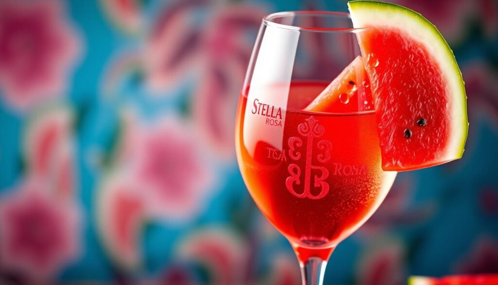 Generate an image of a glass of Stella Rosa Watermelon wine with a slice of watermelon.
