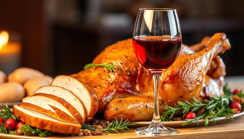 Generate an image of a glass of light-bodied red wine next to a roasted turkey.