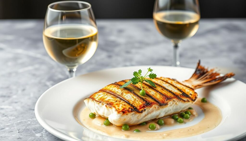 Generate an image of a grilled sea bass served with a glass of Sauvignon Blanc