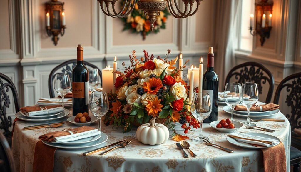 Generate an image of a luxurious Thanksgiving dinner table with premium wines