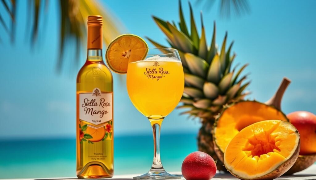 Generate an image of a refreshing glass of Stella Rosa Tropical Mango wine