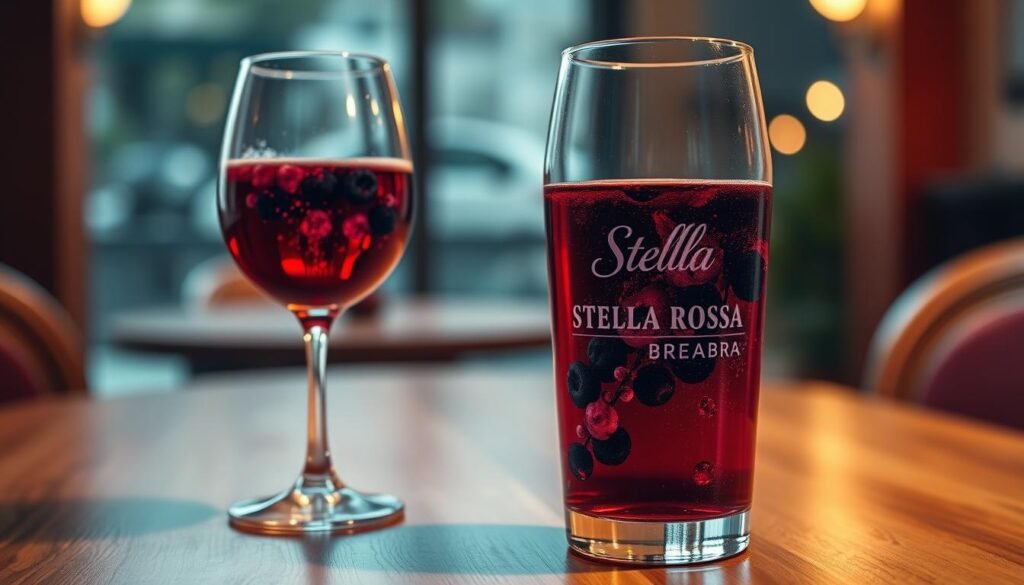 Generate an image of a rich, colored glass of Stella Rosa Blueberry wine